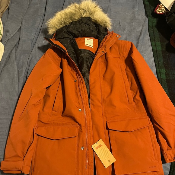 Fjällräven Orange Autumn Leaf Parka with Faux Fur Hood - Small